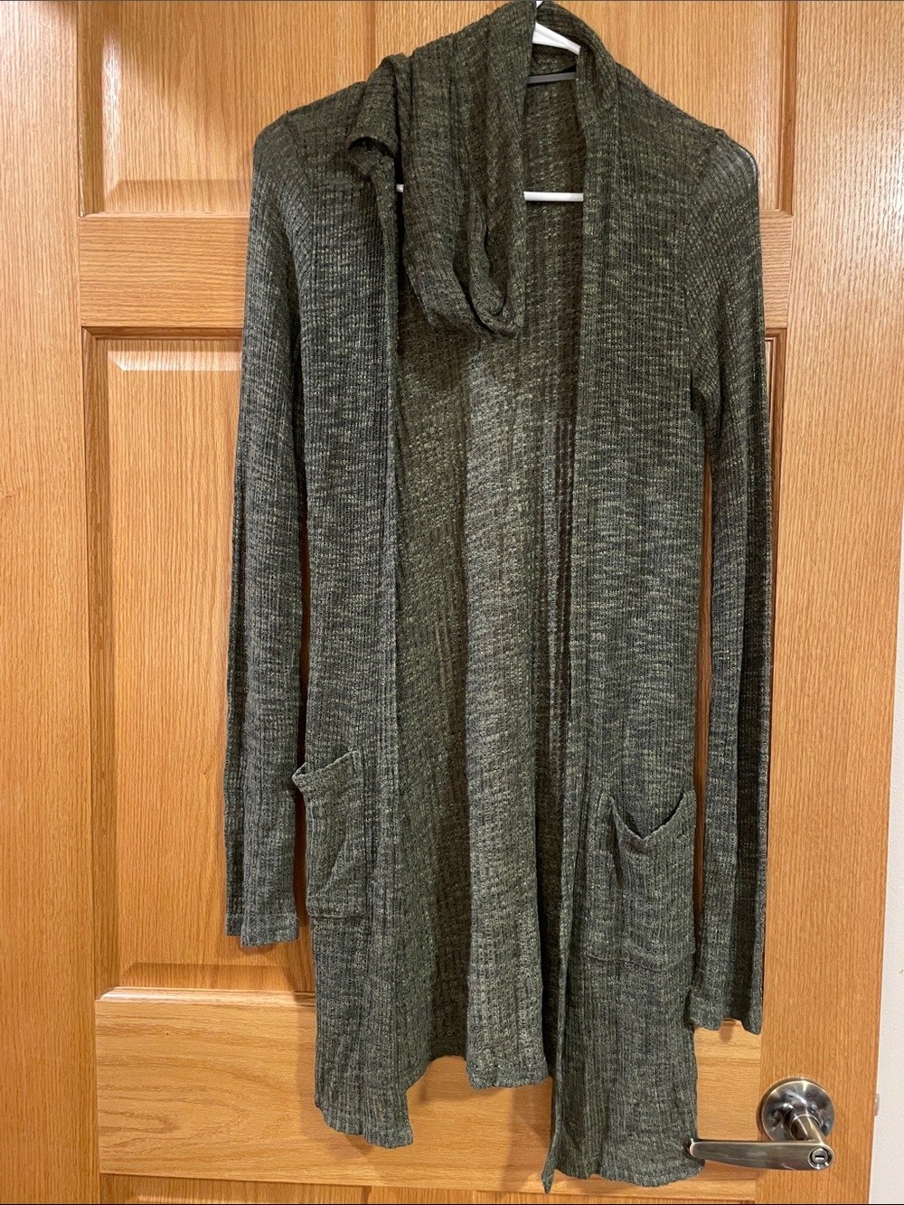 Mossimo Supply Co. Olive Open-Front Long Cardigan with Pockets and Hood